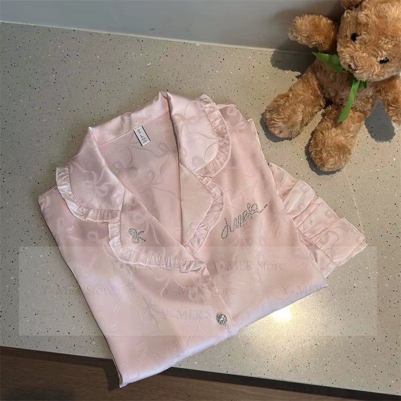 بدلة بيجامات مطبوعة بفيونكة وردية ملابس منزلية رايون للسيدات ملابس نوم للأميرة كاواي ملابس نوم بيجامات من الحرير الجليدي ملابس نسائية - الصورة 4