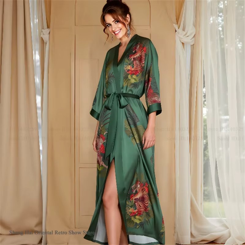 طباعة زهرة رداء طويل فضفاض عادية أنثى كيمونو ثوب الحمام ربيع الخريف جديد ملابس خاصة فستان المنزل الحرير الساتان المتسكعون - الصورة 4