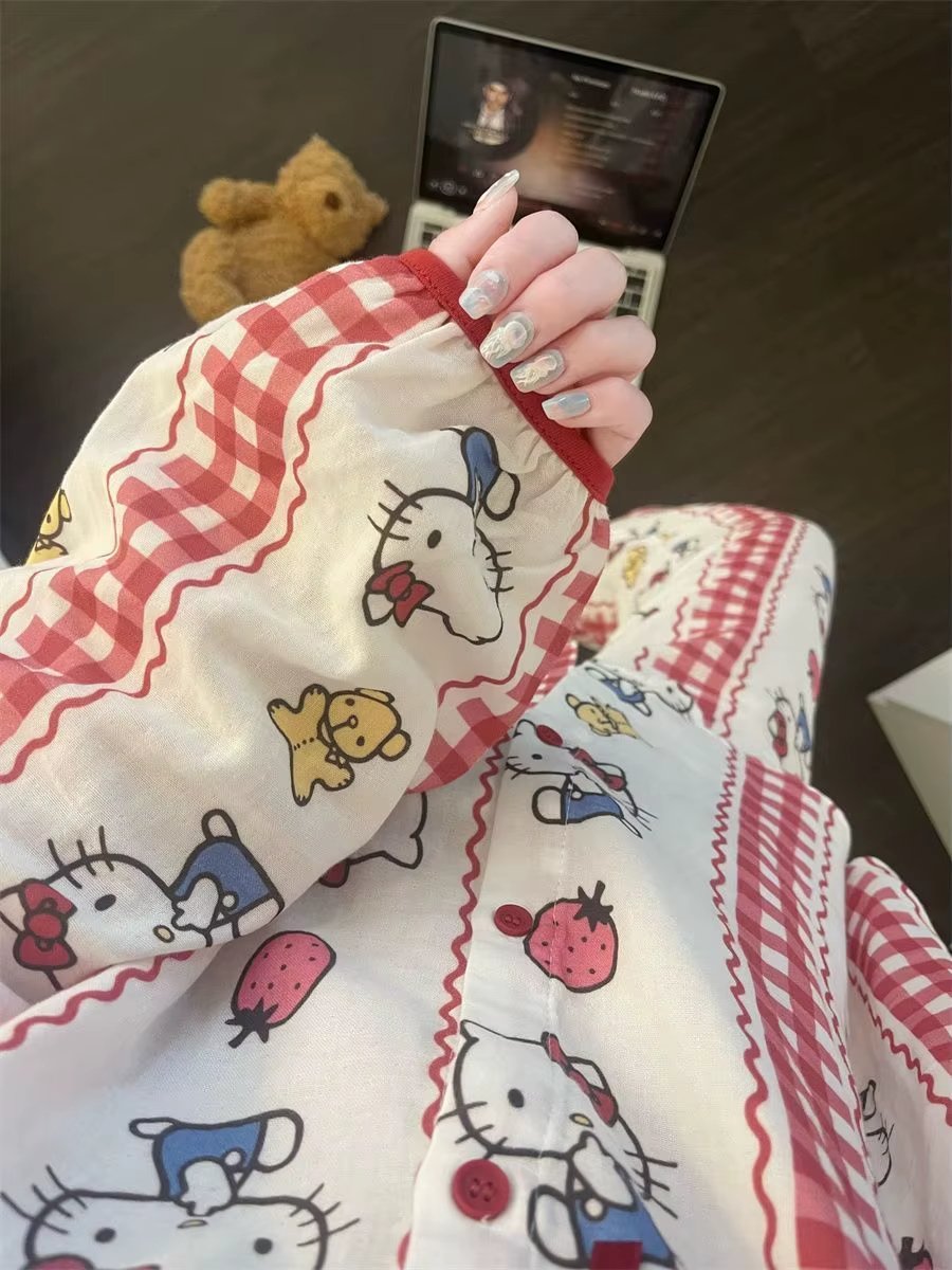 طقم بيجامة نسائي لطيف على شكل فراولة كرتونية لطيفة من Hello Kitty لخريف الخريف بأكمام طويلة ملابس نوم جاهزة للاستلقاء - الصورة 5