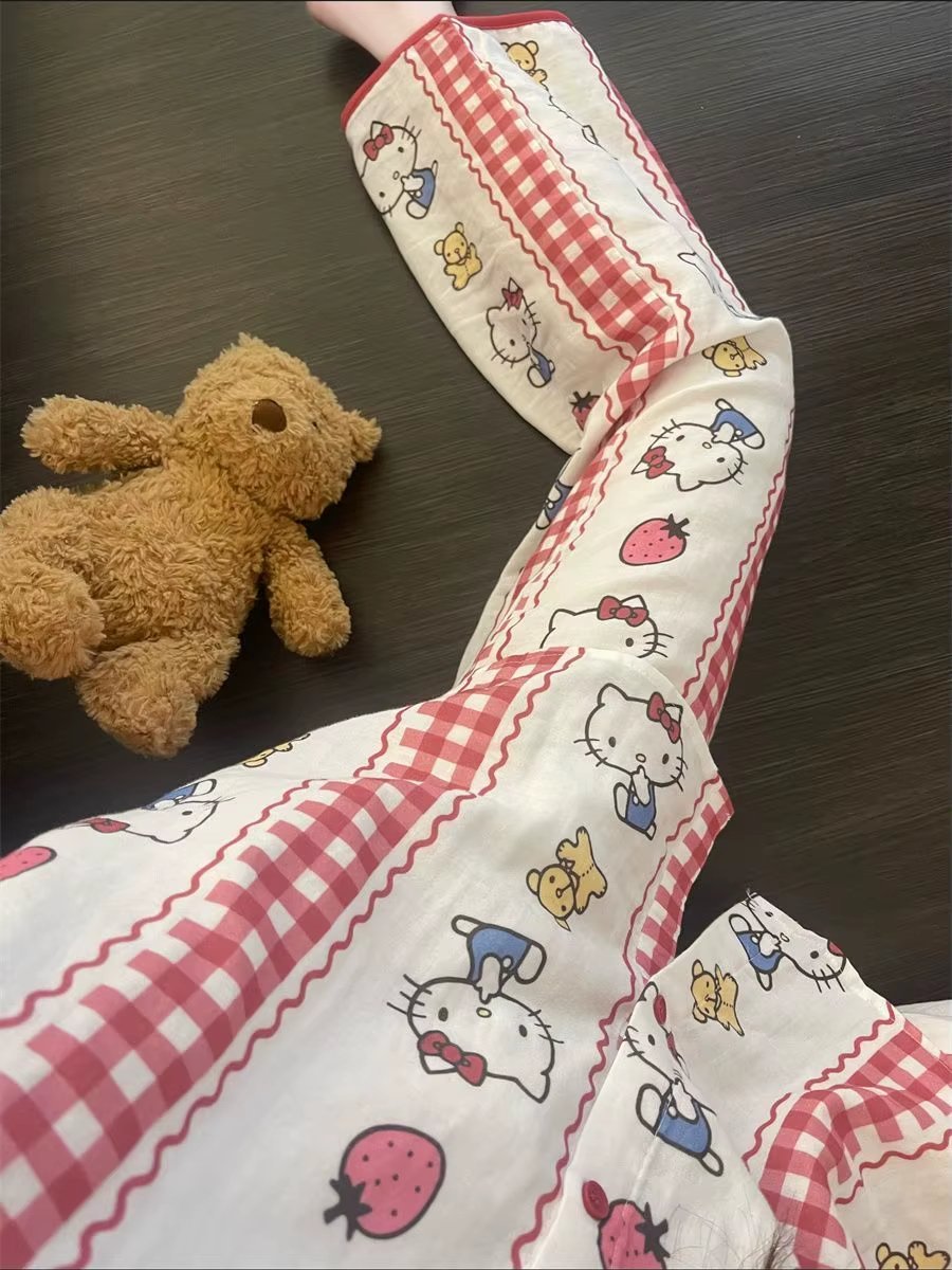 طقم بيجامة نسائي لطيف على شكل فراولة كرتونية لطيفة من Hello Kitty لخريف الخريف بأكمام طويلة ملابس نوم جاهزة للاستلقاء - الصورة 4