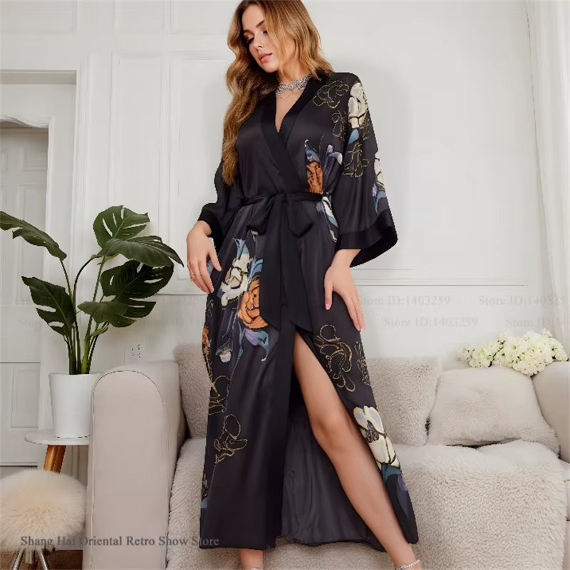 طباعة زهرة رداء طويل فضفاض عادية أنثى كيمونو ثوب الحمام ربيع الخريف جديد ملابس خاصة فستان المنزل الحرير الساتان المتسكعون - الصورة 5