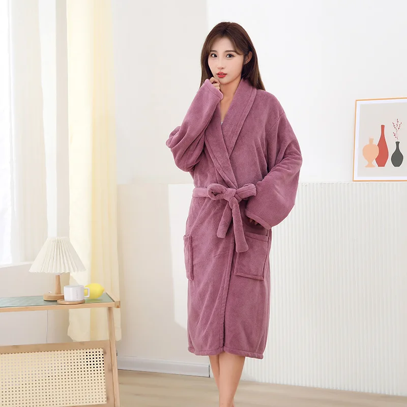 الخريف الشتاء الإناث البشكير كيمونو ثوب نوم الفانيلا رداء طويل فستان المنزل لينة الدافئة المرجان الصوف ملابس خاصة صالة ارتداء - الصورة 12