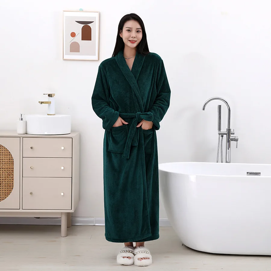 الخريف الشتاء الإناث البشكير كيمونو ثوب نوم الفانيلا رداء طويل فستان المنزل لينة الدافئة المرجان الصوف ملابس خاصة صالة ارتداء - الصورة 4