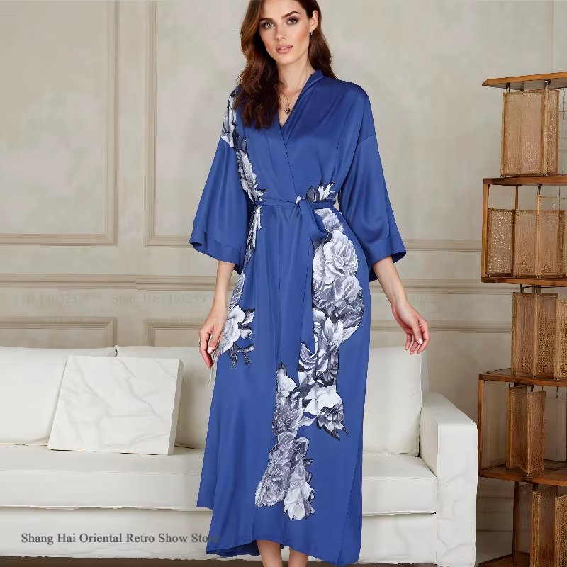 طباعة زهرة رداء طويل فضفاض عادية أنثى كيمونو ثوب الحمام ربيع الخريف جديد ملابس خاصة فستان المنزل الحرير الساتان المتسكعون - الصورة 3