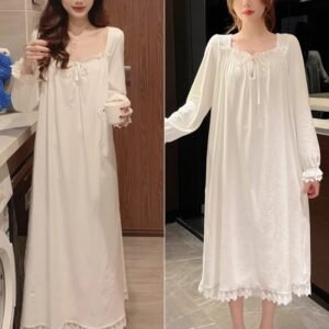 ثوب نوم على طراز الأميرة بأكمام طويلة فضفاض مقاس كبير يمكن ارتداؤه خارج المنزل ملابس صيفية بيجامات نسائية دانتيل أبيض كوريا