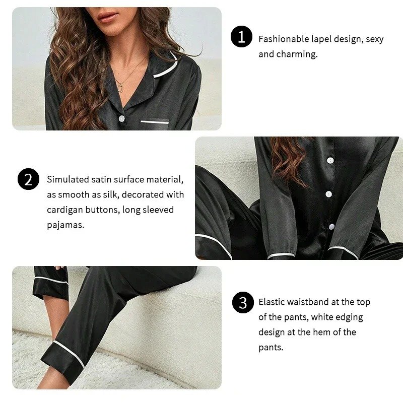 مجموعة بيجامات حريرية لربيع الخريف للنساء ملابس نوم ناعمة غير رسمية بلوزات وسراويل بأزرار صلبة سترة ملابس نوم ملابس منزلية - الصورة 7