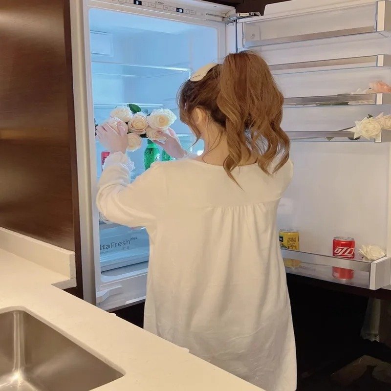 ثوب نوم على طراز الأميرة بأكمام طويلة فضفاض مقاس كبير يمكن ارتداؤه خارج المنزل ملابس صيفية بيجامات نسائية دانتيل أبيض كوريا - الصورة 4